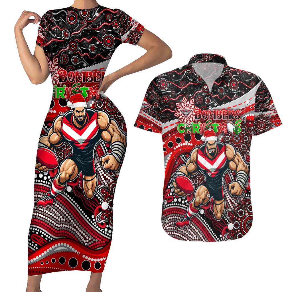 Merry Christmas AFL Bombers Couples Matching Short Sleeve Bodycon Dress and Hawaiian Shirt Aboriginal Santa Football Mascot