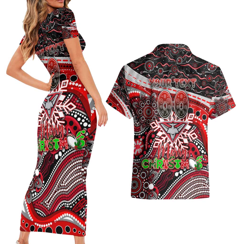 Merry Christmas AFL Bombers Couples Matching Short Sleeve Bodycon Dress and Hawaiian Shirt Aboriginal Santa Football Mascot
