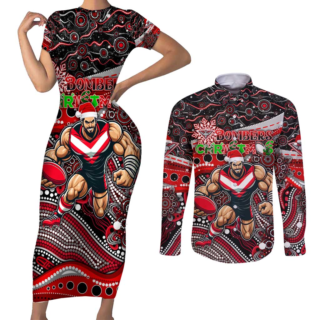 Merry Christmas AFL Bombers Couples Matching Short Sleeve Bodycon Dress and Long Sleeve Button Shirt Aboriginal Santa Football Mascot