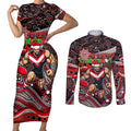 Merry Christmas AFL Bombers Couples Matching Short Sleeve Bodycon Dress and Long Sleeve Button Shirt Aboriginal Santa Football Mascot