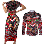 Merry Christmas AFL Bombers Couples Matching Short Sleeve Bodycon Dress and Long Sleeve Button Shirt Aboriginal Santa Football Mascot