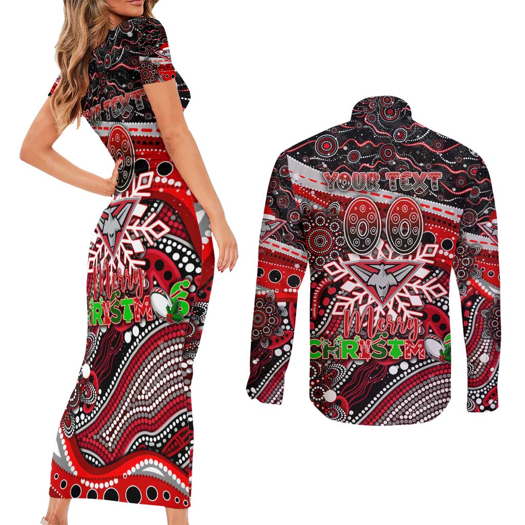 Merry Christmas AFL Bombers Couples Matching Short Sleeve Bodycon Dress and Long Sleeve Button Shirt Aboriginal Santa Football Mascot