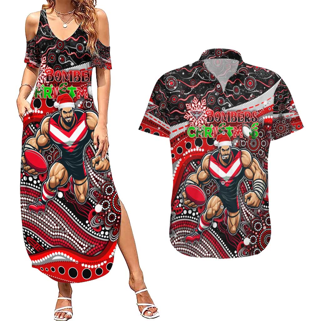 Merry Christmas AFL Bombers Couples Matching Summer Maxi Dress and Hawaiian Shirt Aboriginal Santa Football Mascot