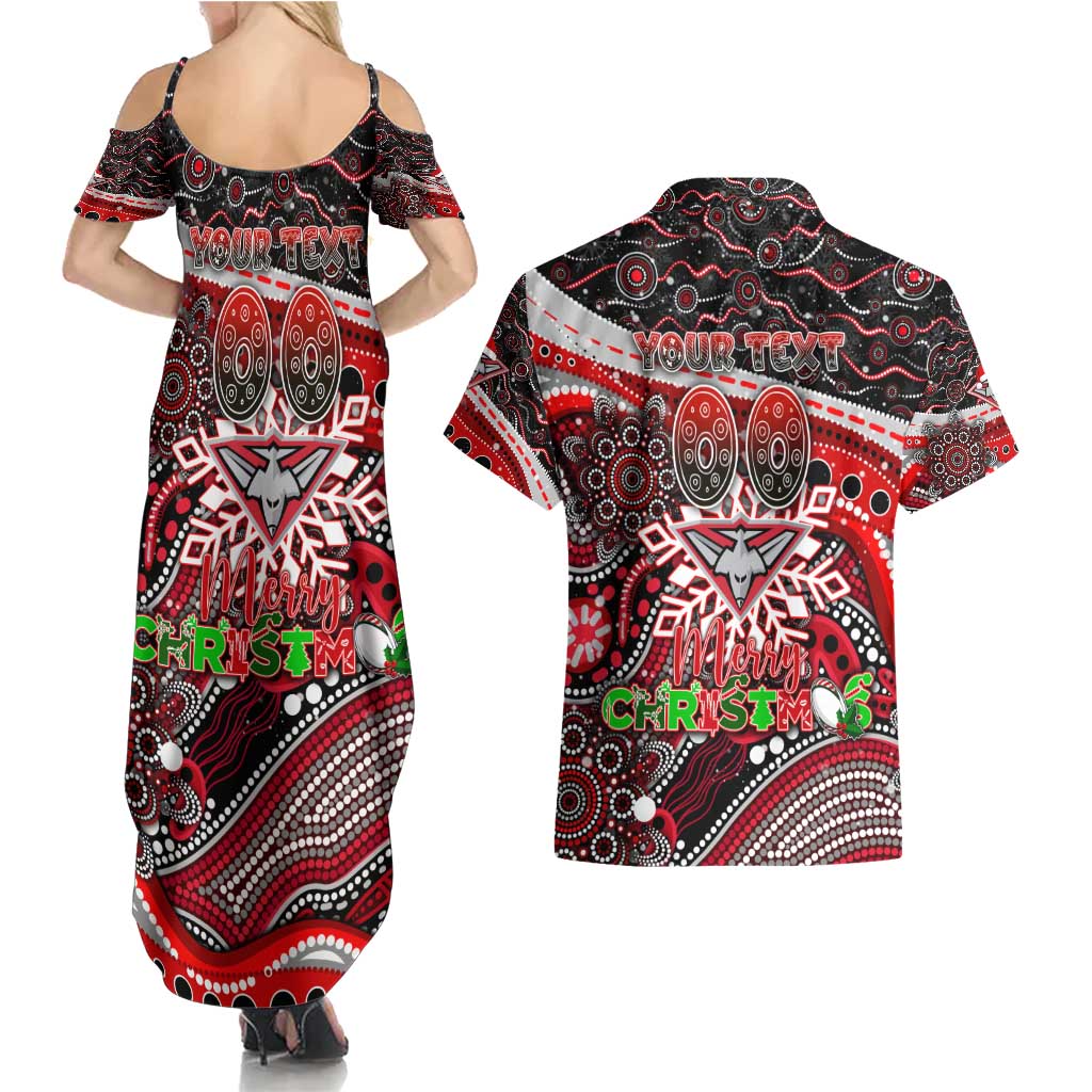 Merry Christmas AFL Bombers Couples Matching Summer Maxi Dress and Hawaiian Shirt Aboriginal Santa Football Mascot
