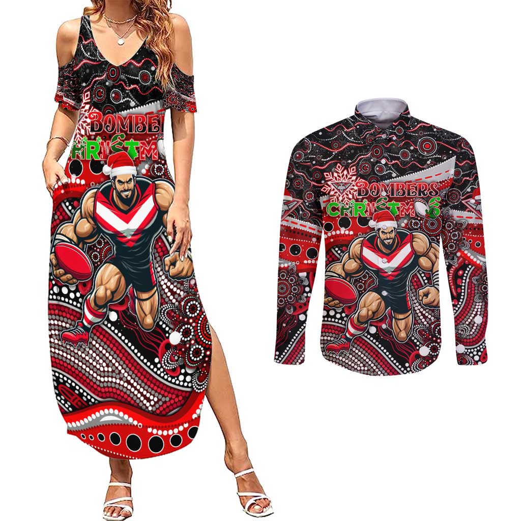 Merry Christmas AFL Bombers Couples Matching Summer Maxi Dress and Long Sleeve Button Shirt Aboriginal Santa Football Mascot