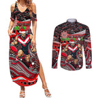 Merry Christmas AFL Bombers Couples Matching Summer Maxi Dress and Long Sleeve Button Shirt Aboriginal Santa Football Mascot
