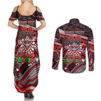 Merry Christmas AFL Bombers Couples Matching Summer Maxi Dress and Long Sleeve Button Shirt Aboriginal Santa Football Mascot