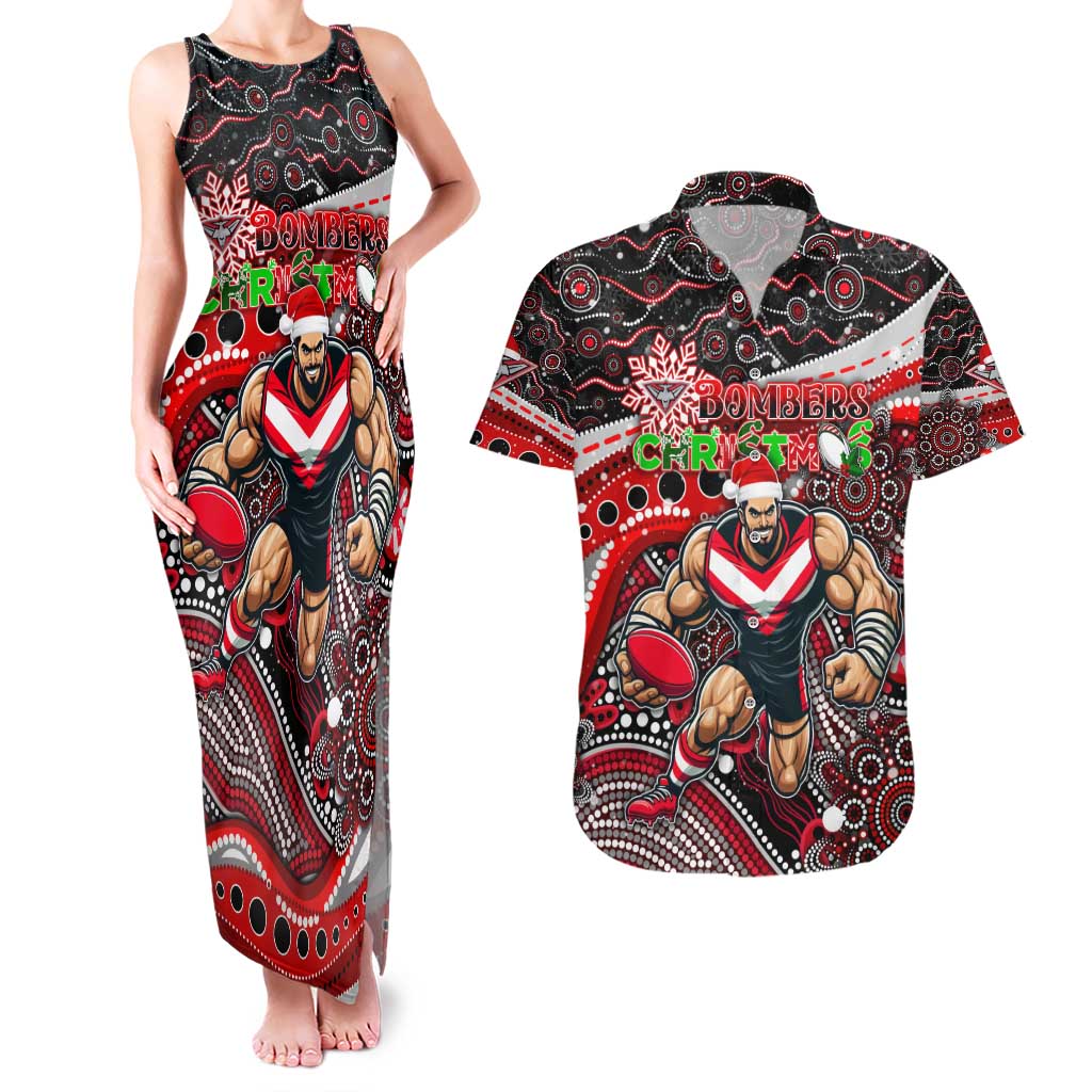 Merry Christmas AFL Bombers Couples Matching Tank Maxi Dress and Hawaiian Shirt Aboriginal Santa Football Mascot