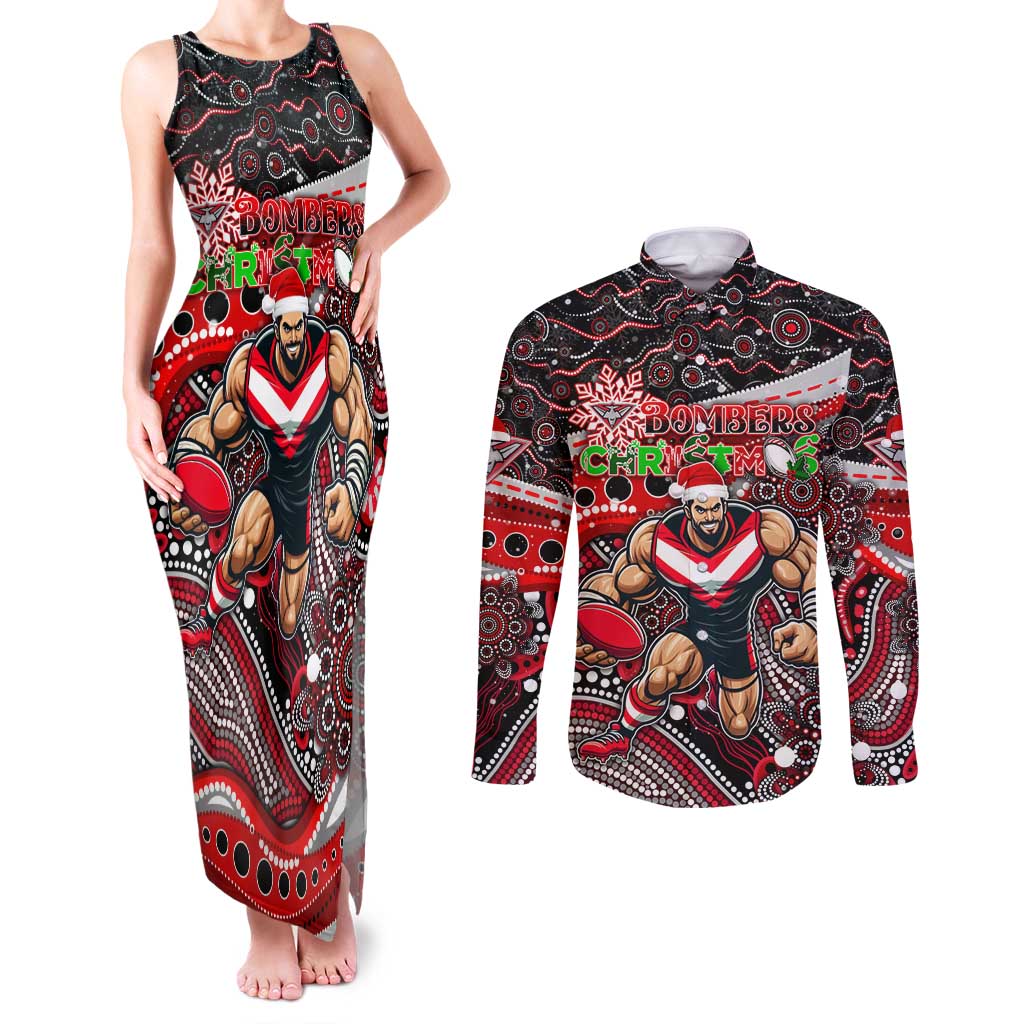 Merry Christmas AFL Bombers Couples Matching Tank Maxi Dress and Long Sleeve Button Shirt Aboriginal Santa Football Mascot