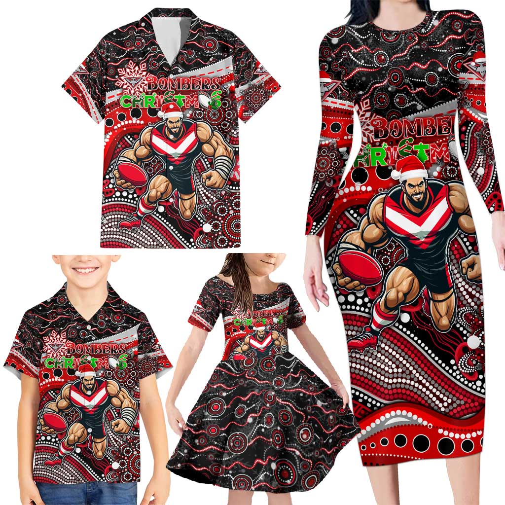 Merry Christmas AFL Bombers Family Matching Long Sleeve Bodycon Dress and Hawaiian Shirt Aboriginal Santa Football Mascot