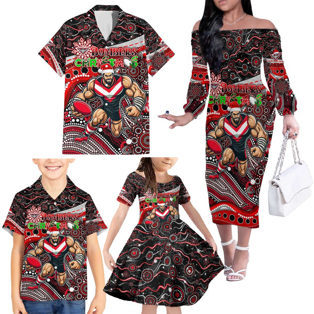Merry Christmas AFL Bombers Family Matching Off The Shoulder Long Sleeve Dress and Hawaiian Shirt Aboriginal Santa Football Mascot