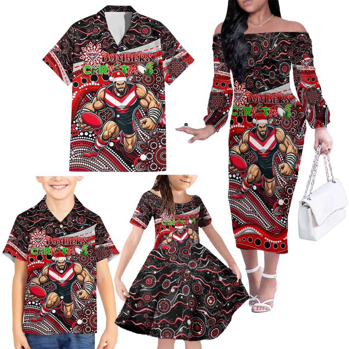 Merry Christmas AFL Bombers Family Matching Off The Shoulder Long Sleeve Dress and Hawaiian Shirt Aboriginal Santa Football Mascot