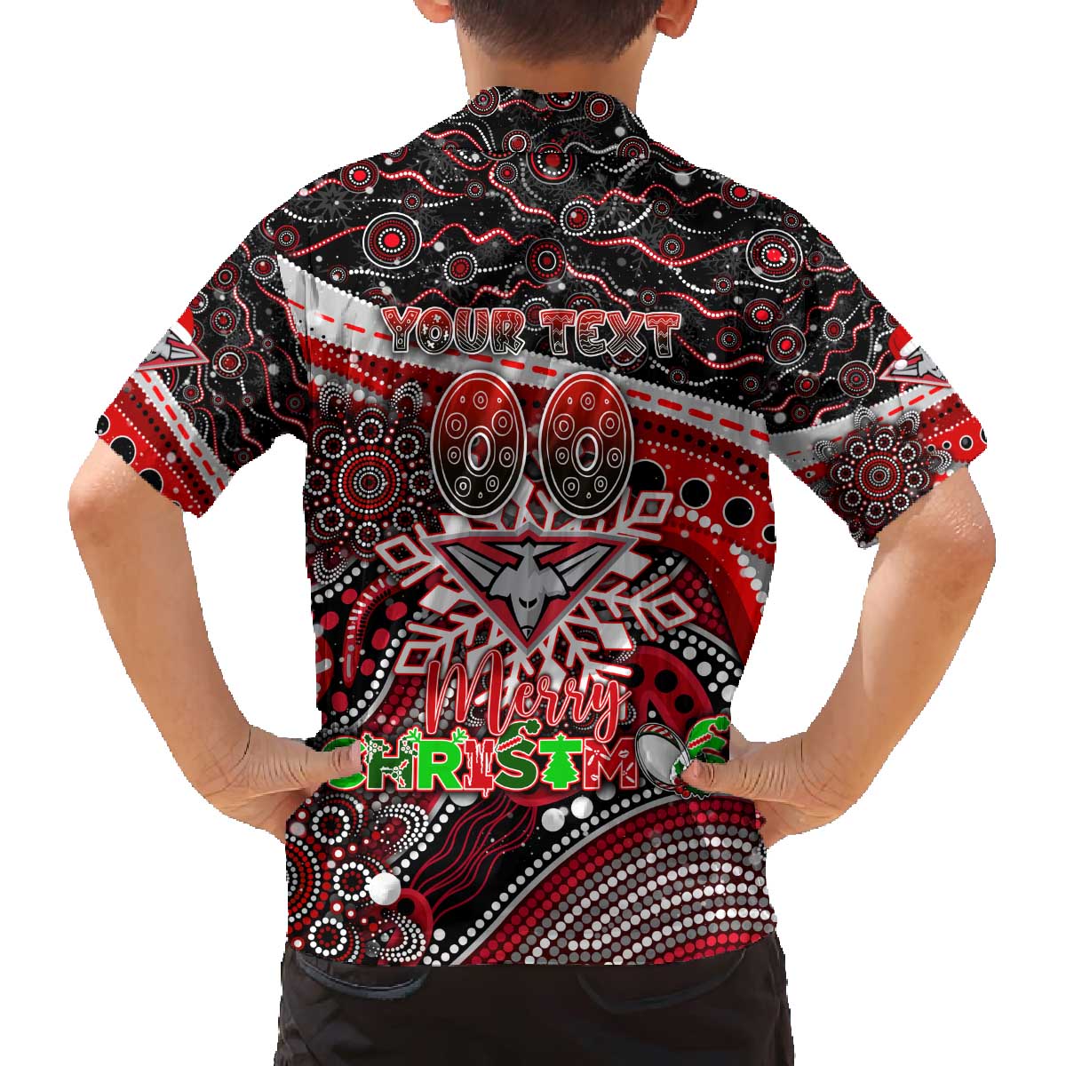 Merry Christmas AFL Bombers Family Matching Off The Shoulder Long Sleeve Dress and Hawaiian Shirt Aboriginal Santa Football Mascot