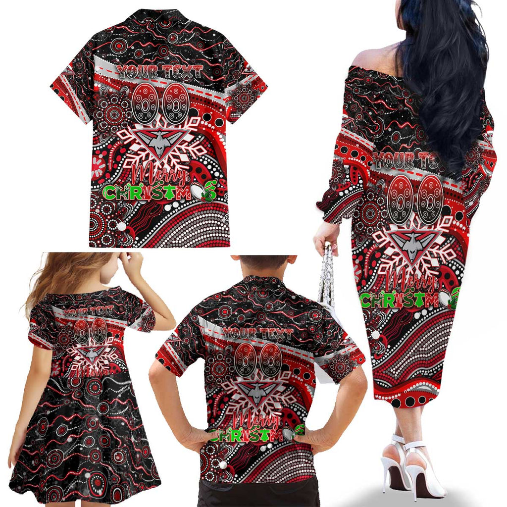 Merry Christmas AFL Bombers Family Matching Off The Shoulder Long Sleeve Dress and Hawaiian Shirt Aboriginal Santa Football Mascot