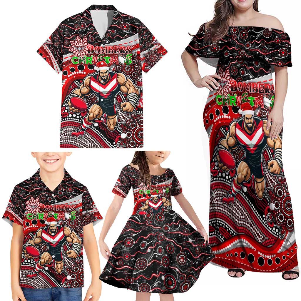 Merry Christmas AFL Bombers Family Matching Off Shoulder Maxi Dress and Hawaiian Shirt Aboriginal Santa Football Mascot
