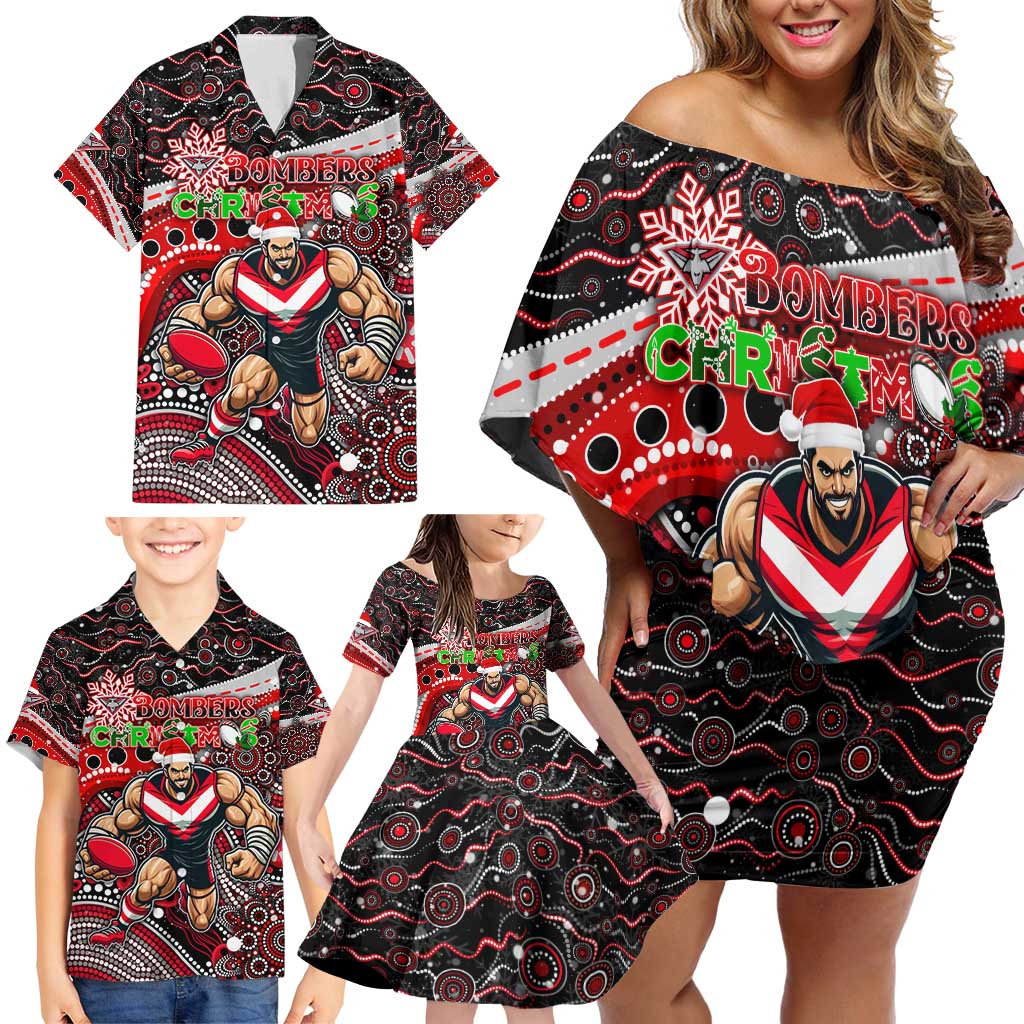 Merry Christmas AFL Bombers Family Matching Off Shoulder Short Dress and Hawaiian Shirt Aboriginal Santa Football Mascot