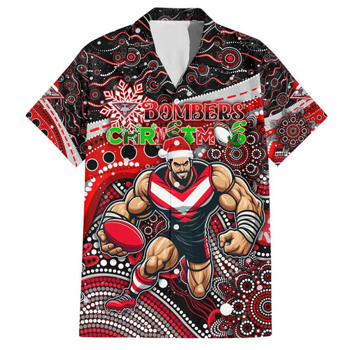 Merry Christmas AFL Bombers Family Matching Off Shoulder Short Dress and Hawaiian Shirt Aboriginal Santa Football Mascot