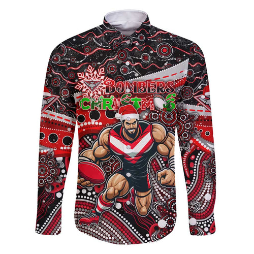 Merry Christmas AFL Bombers Family Matching Off Shoulder Short Dress and Hawaiian Shirt Aboriginal Santa Football Mascot