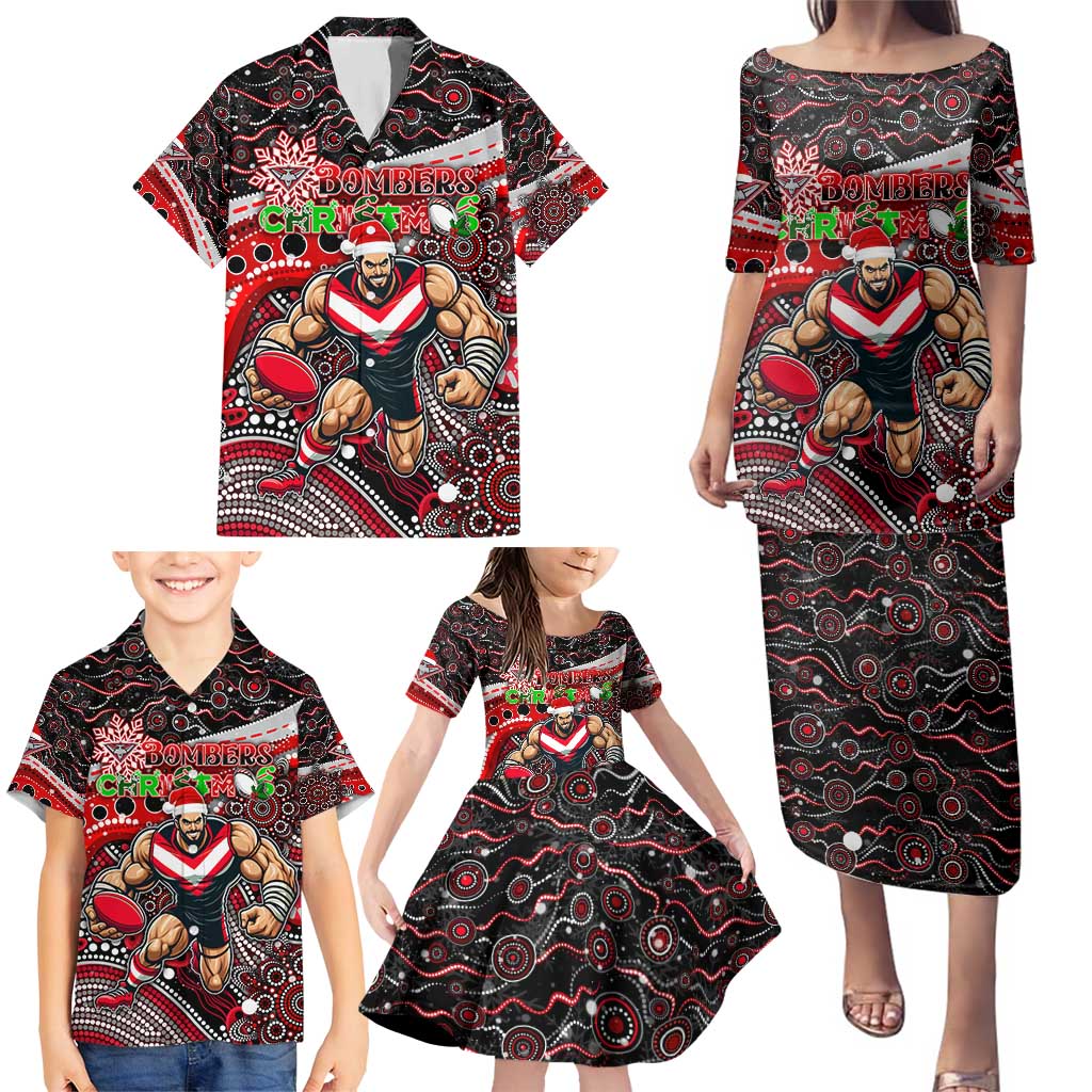 Merry Christmas AFL Bombers Family Matching Puletasi and Hawaiian Shirt Aboriginal Santa Football Mascot