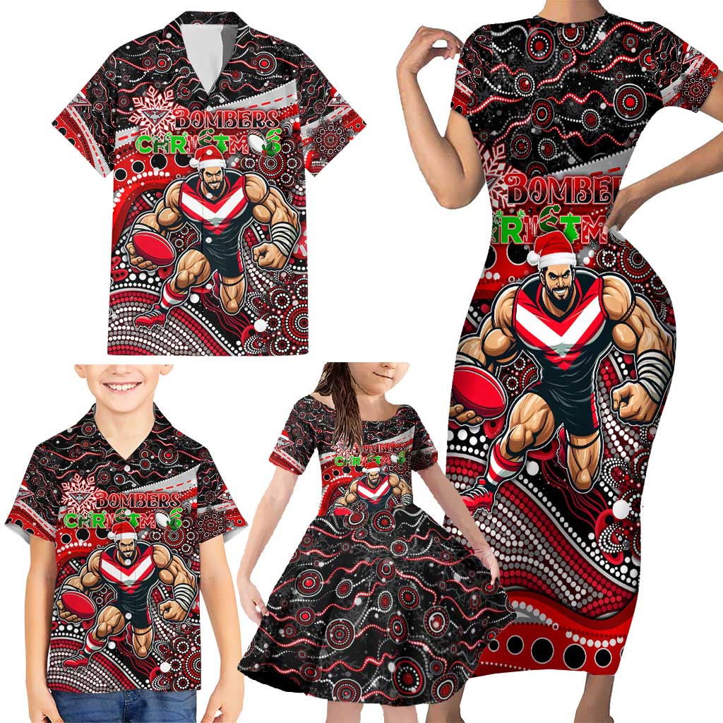 Merry Christmas AFL Bombers Family Matching Short Sleeve Bodycon Dress and Hawaiian Shirt Aboriginal Santa Football Mascot