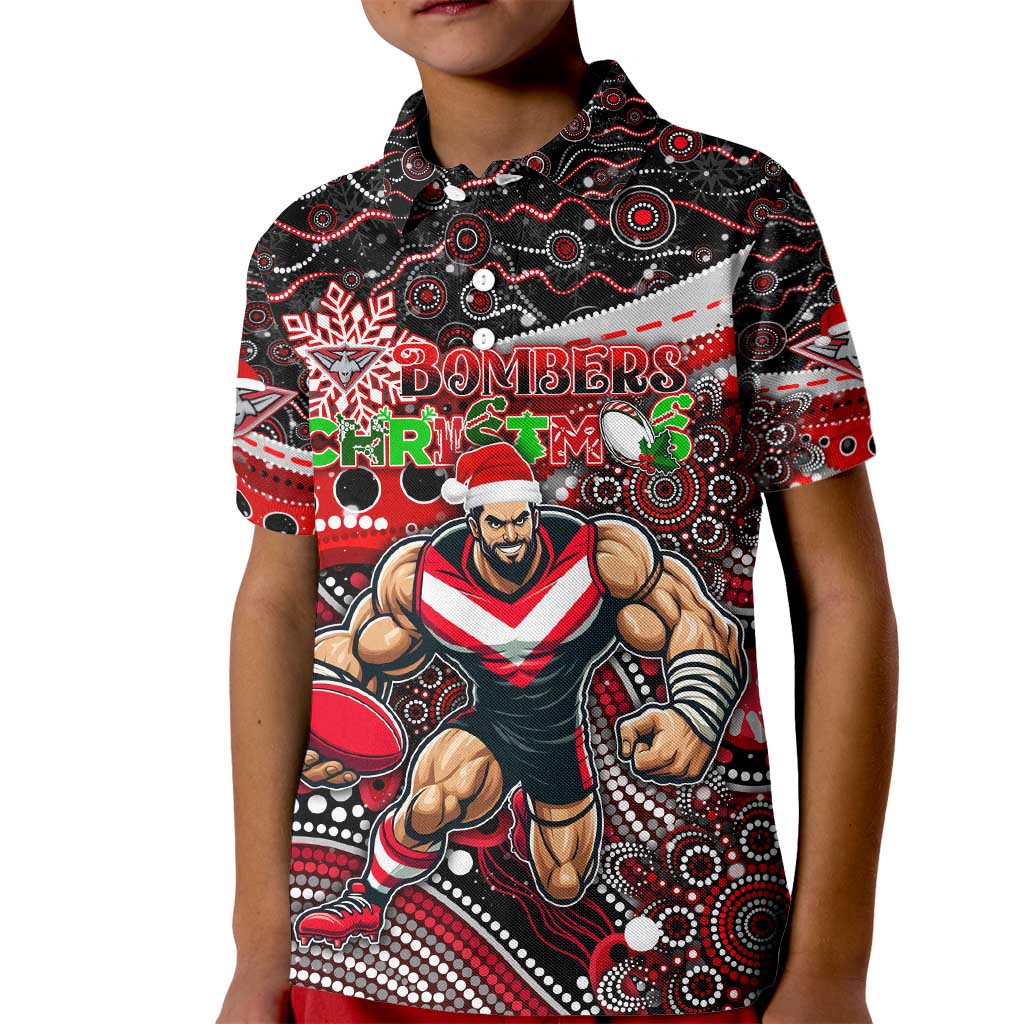 Merry Christmas AFL Bombers Kid Polo Shirt Aboriginal Santa Football Mascot