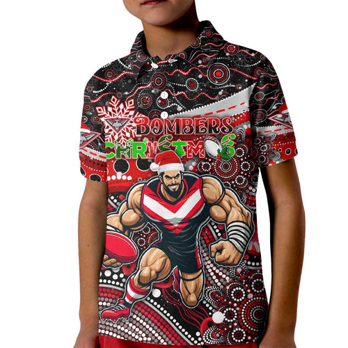 Merry Christmas AFL Bombers Kid Polo Shirt Aboriginal Santa Football Mascot