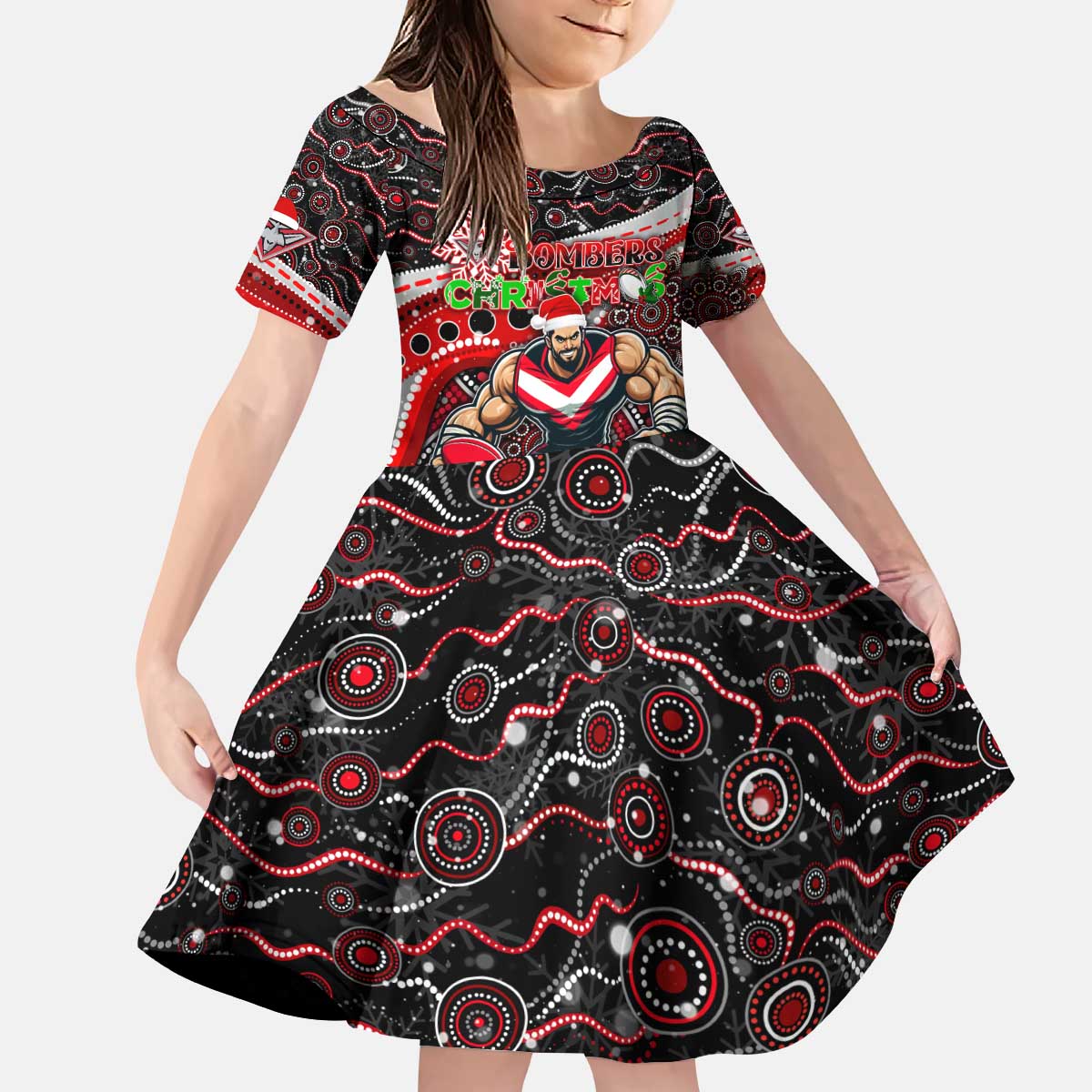Merry Christmas AFL Bombers Kid Short Sleeve Dress Aboriginal Santa Football Mascot