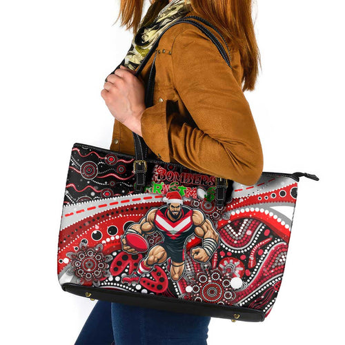 Merry Christmas AFL Bombers Leather Tote Bag Aboriginal Santa Football Mascot