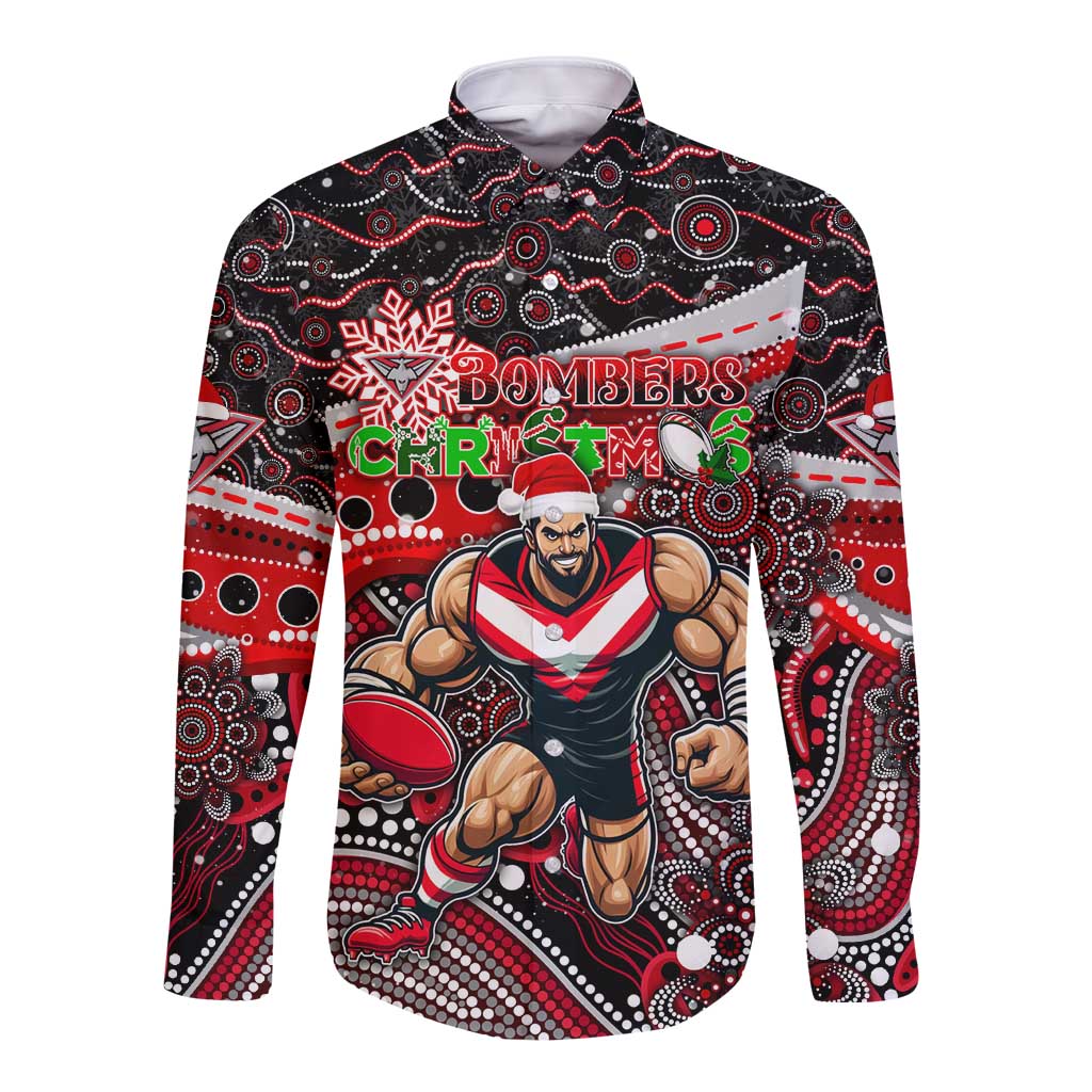 Merry Christmas AFL Bombers Long Sleeve Button Shirt Aboriginal Santa Football Mascot