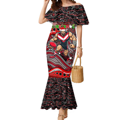 Merry Christmas AFL Bombers Mermaid Dress Aboriginal Santa Football Mascot