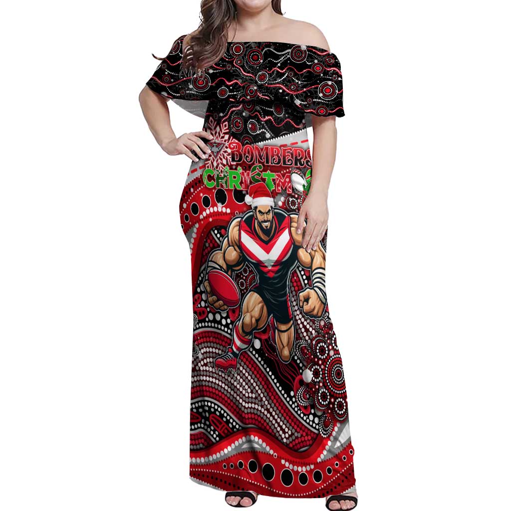 Merry Christmas AFL Bombers Off Shoulder Maxi Dress Aboriginal Santa Football Mascot