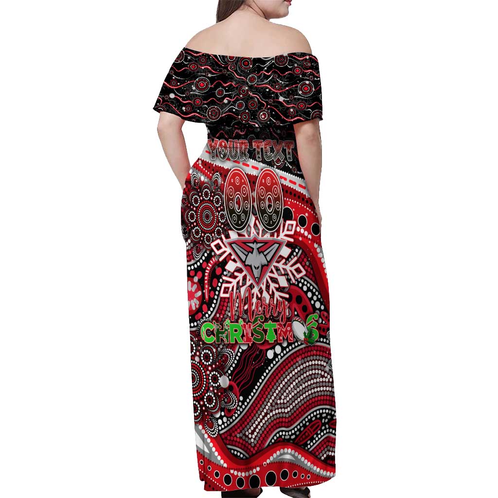 Merry Christmas AFL Bombers Off Shoulder Maxi Dress Aboriginal Santa Football Mascot