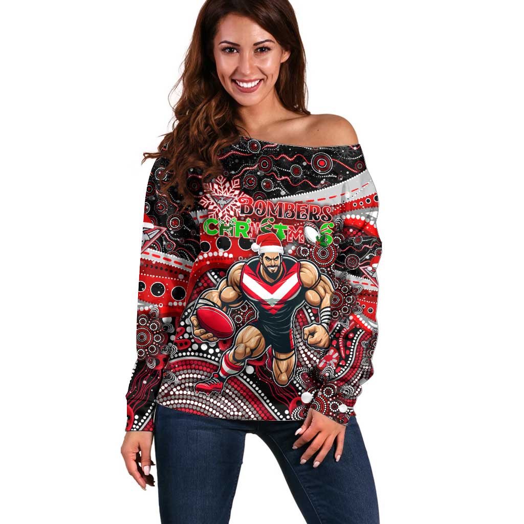 Merry Christmas AFL Bombers Off Shoulder Sweater Aboriginal Santa Football Mascot