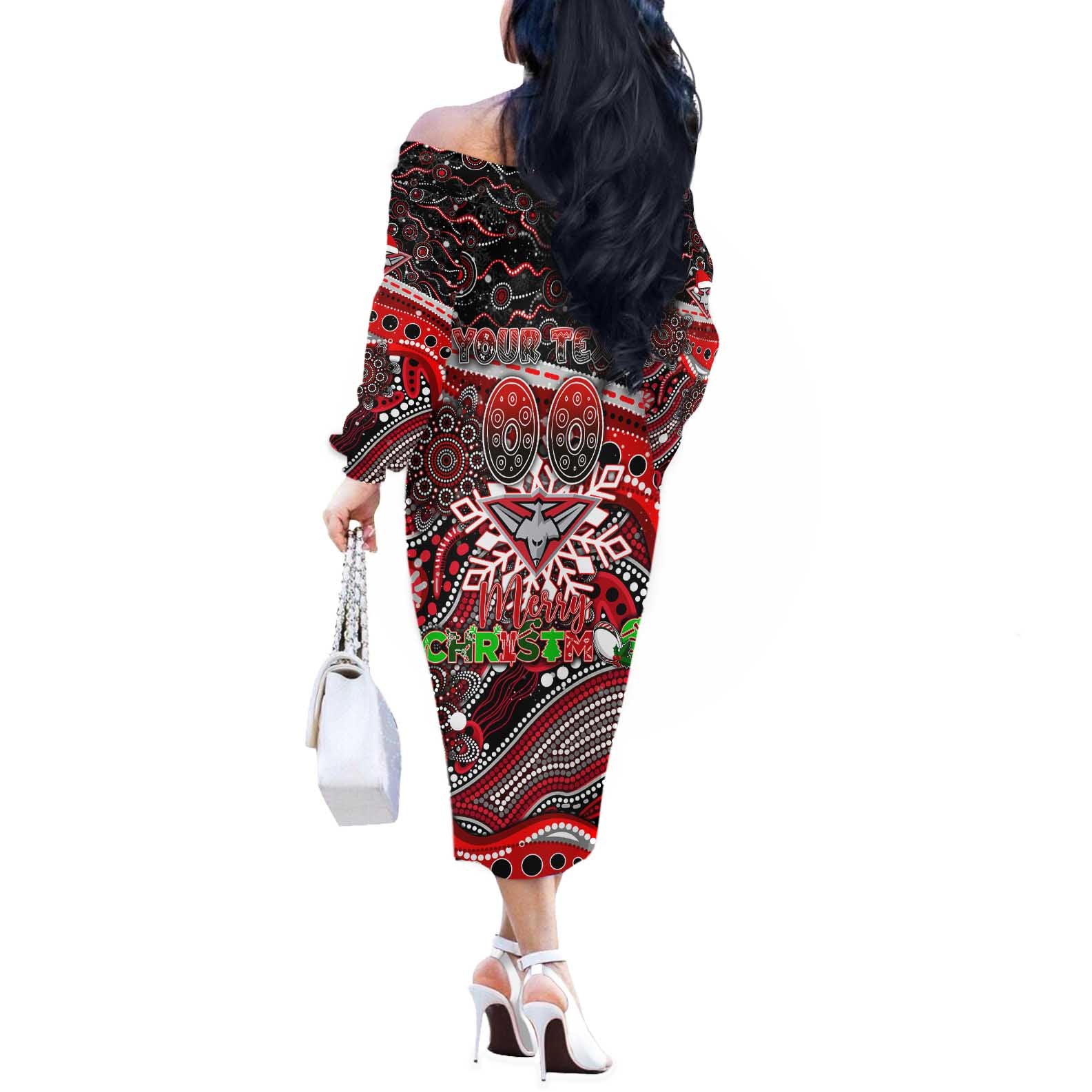 Merry Christmas AFL Bombers Off The Shoulder Long Sleeve Dress Aboriginal Santa Football Mascot