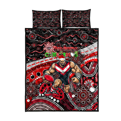 Merry Christmas AFL Bombers Quilt Bed Set Aboriginal Santa Football Mascot