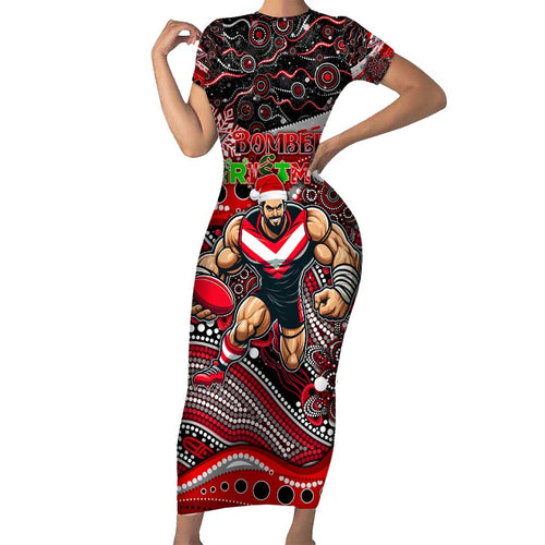 Merry Christmas AFL Bombers Short Sleeve Bodycon Dress Aboriginal Santa Football Mascot