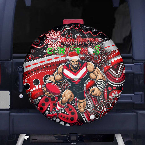 Merry Christmas AFL Bombers Spare Tire Cover Aboriginal Santa Football Mascot