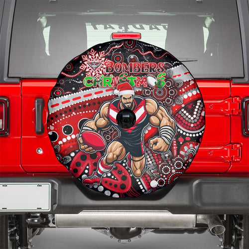 Merry Christmas AFL Bombers Spare Tire Cover Aboriginal Santa Football Mascot