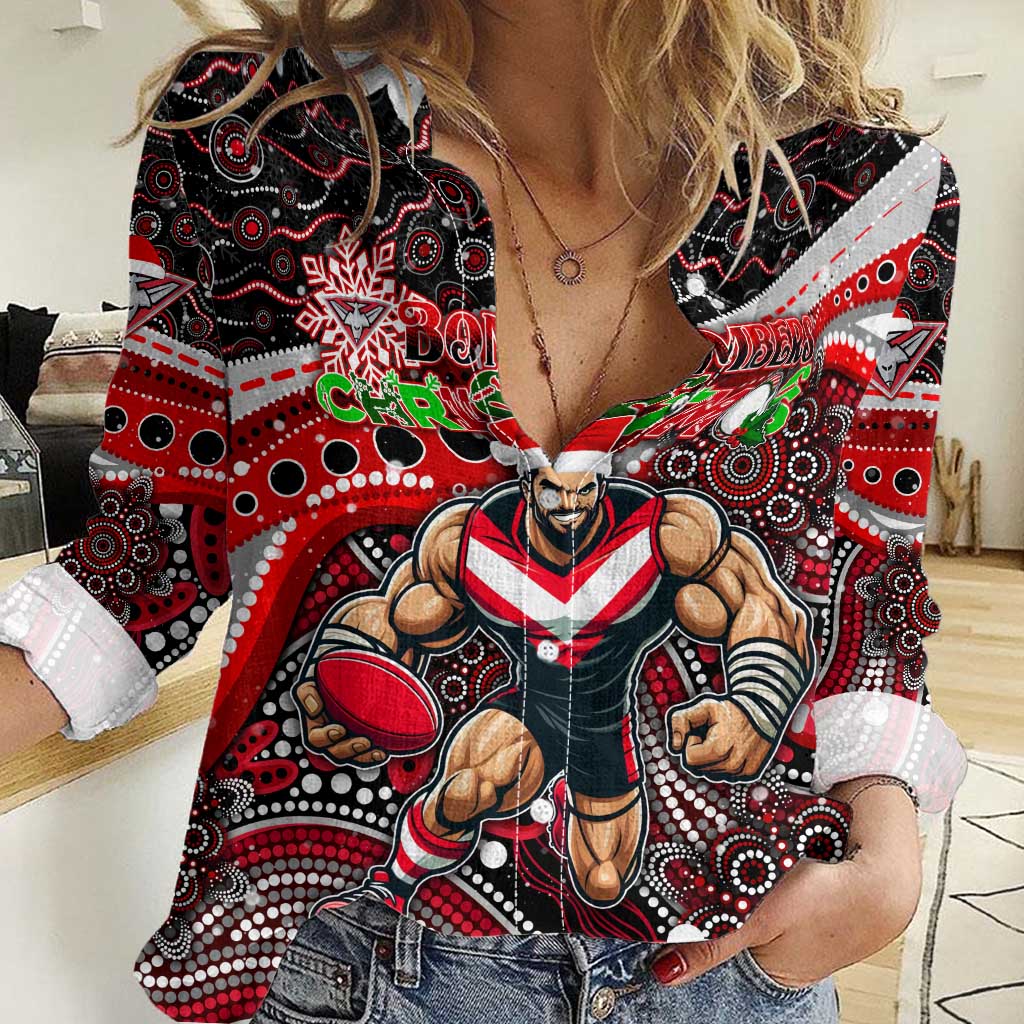 Merry Christmas AFL Bombers Women Casual Shirt Aboriginal Santa Football Mascot