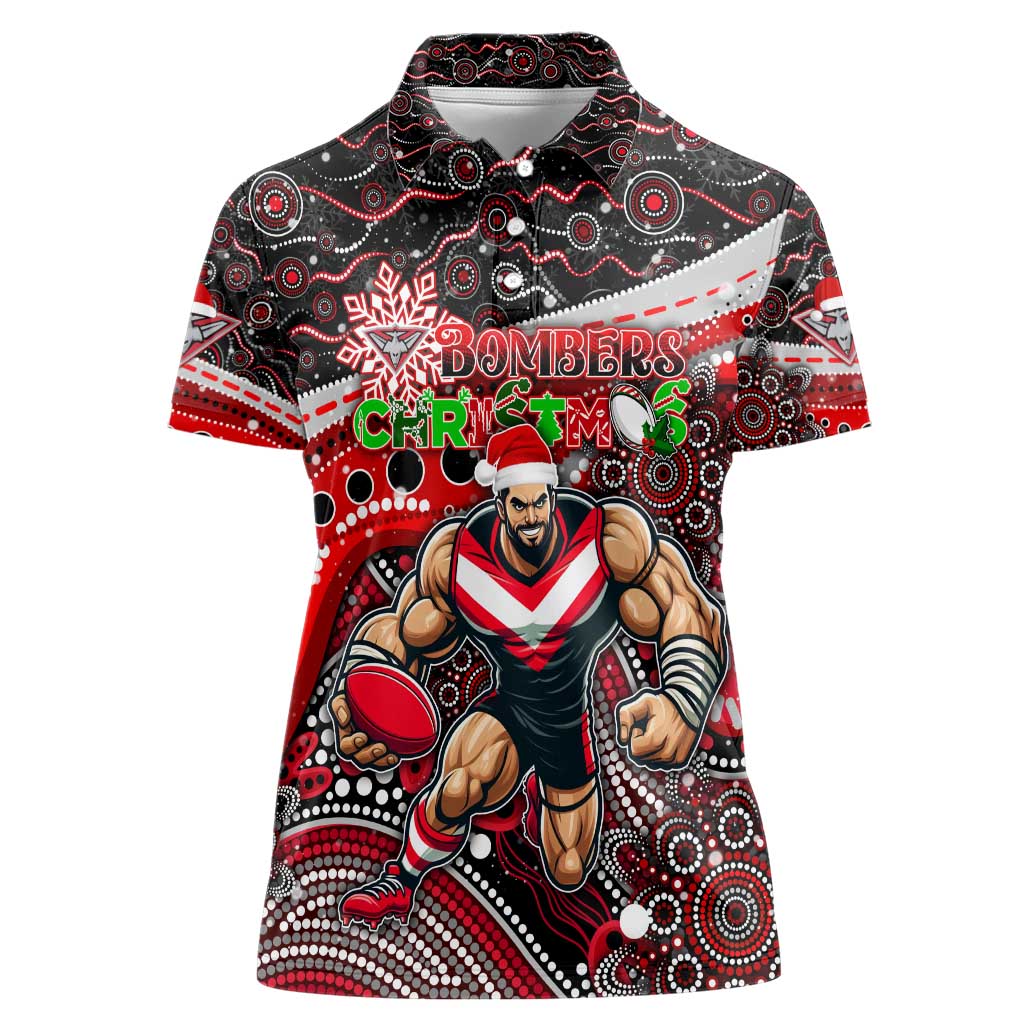 Merry Christmas AFL Bombers Women Polo Shirt Aboriginal Santa Football Mascot