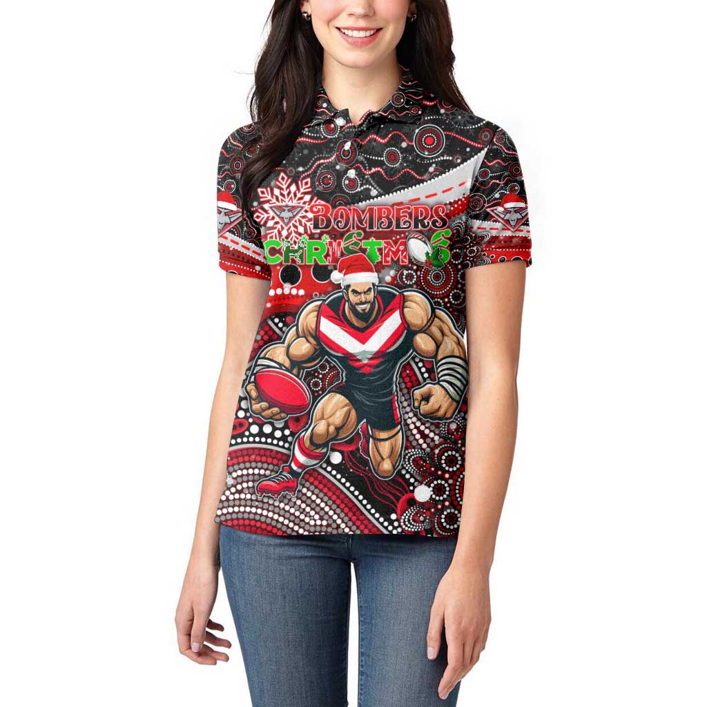 Merry Christmas AFL Bombers Women Polo Shirt Aboriginal Santa Football Mascot