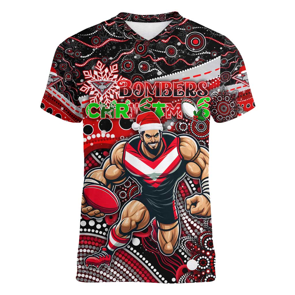 Merry Christmas AFL Bombers Women V-Neck T-Shirt Aboriginal Santa Football Mascot