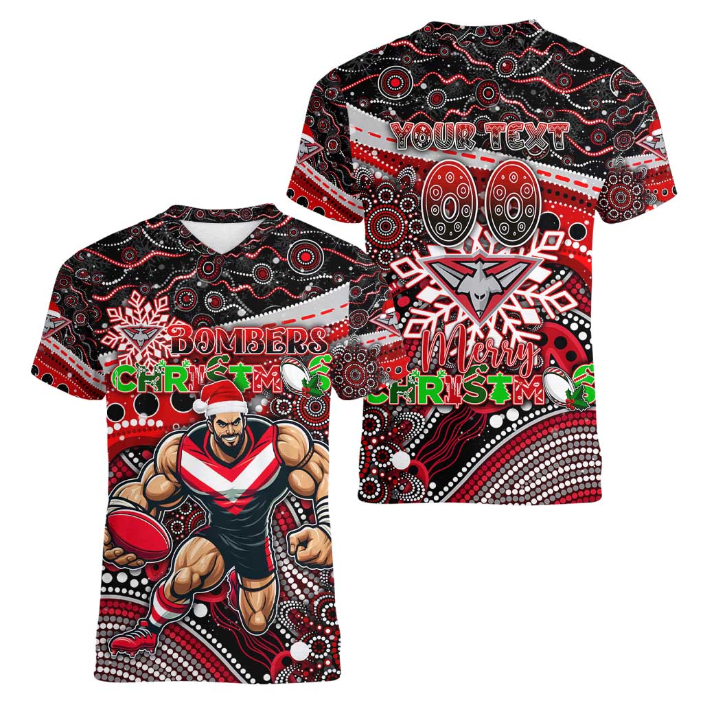 Merry Christmas AFL Bombers Women V-Neck T-Shirt Aboriginal Santa Football Mascot