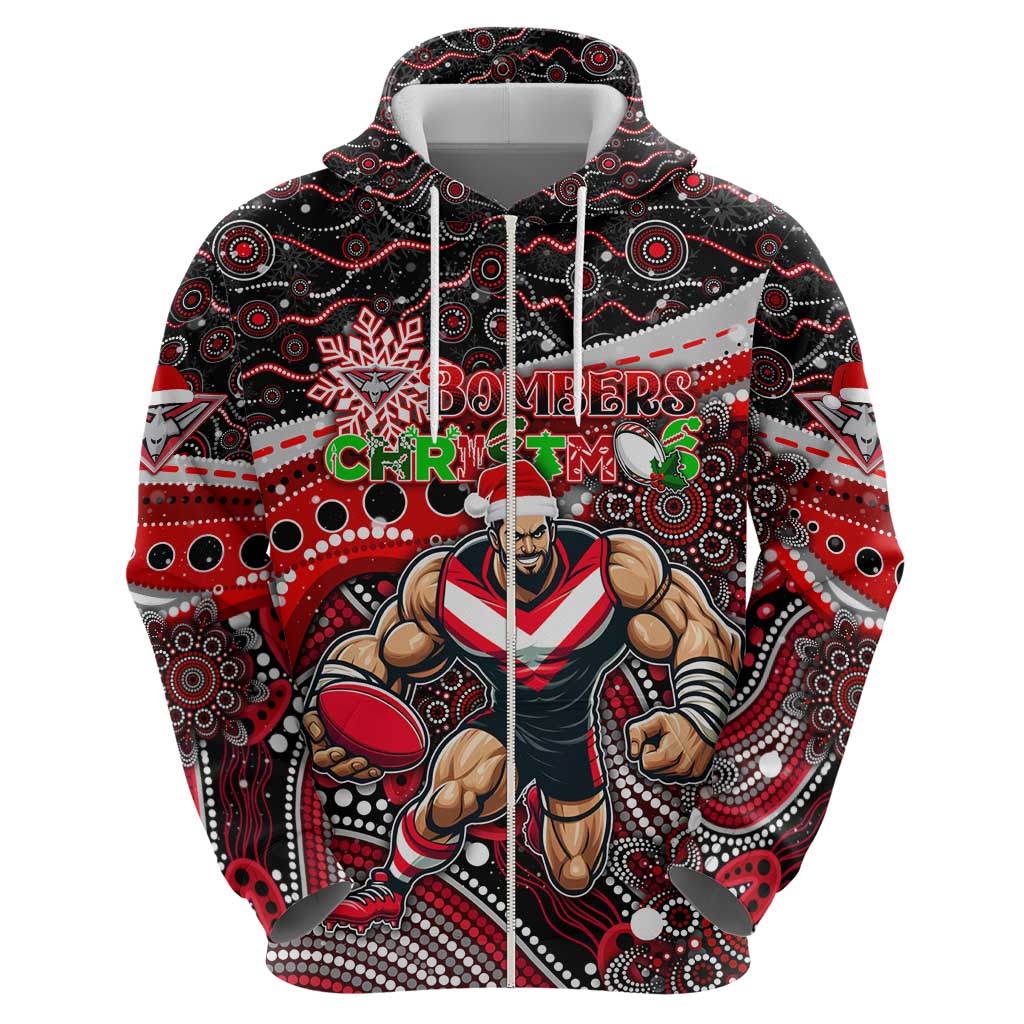 Merry Christmas AFL Bombers Zip Hoodie Aboriginal Santa Football Mascot