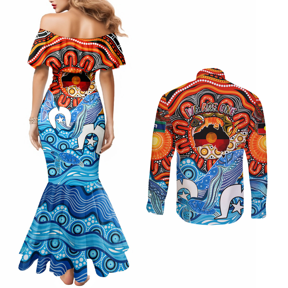 aboriginal-and-torres-strait-islands-couples-matching-mermaid-dress-and-long-sleeve-button-shirt-we-are-one