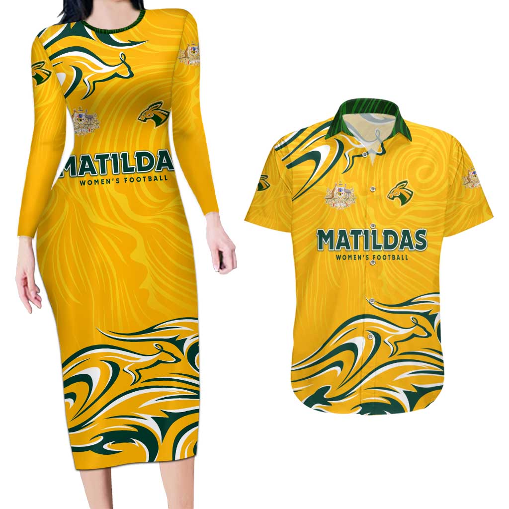 Personalised Australia Soccer Matildas Couples Matching Long Sleeve Bodycon Dress and Hawaiian Shirt Kangaroo Tornado Yellow DT02