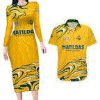 Personalised Australia Soccer Matildas Couples Matching Long Sleeve Bodycon Dress and Hawaiian Shirt Kangaroo Tornado Yellow DT02