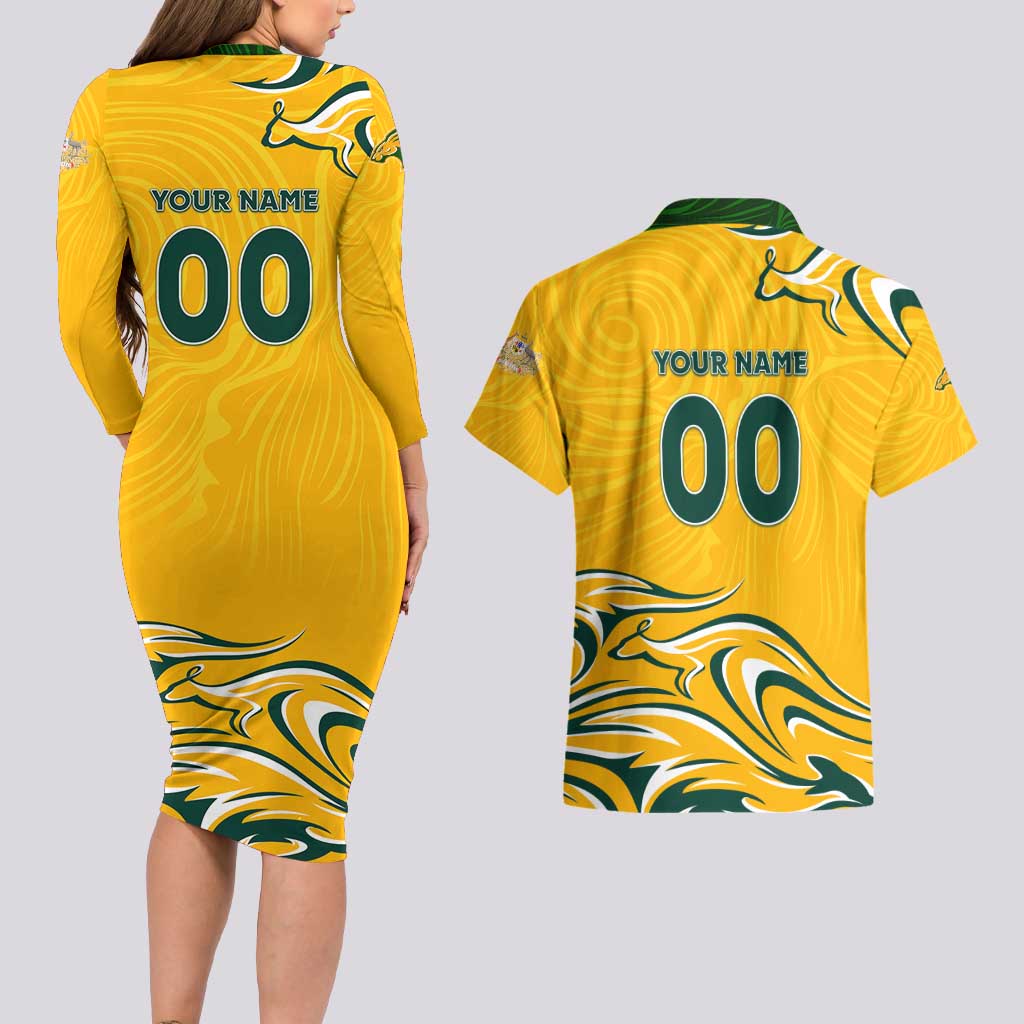 Personalised Australia Soccer Matildas Couples Matching Long Sleeve Bodycon Dress and Hawaiian Shirt Kangaroo Tornado Yellow DT02
