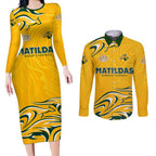 Personalised Australia Soccer Matildas Couples Matching Long Sleeve Bodycon Dress and Long Sleeve Button Shirt Kangaroo Tornado Yellow DT02