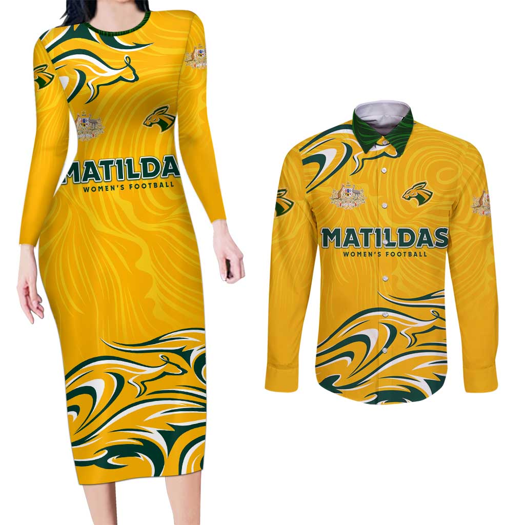 Personalised Australia Soccer Matildas Couples Matching Long Sleeve Bodycon Dress and Long Sleeve Button Shirt Kangaroo Tornado Yellow DT02